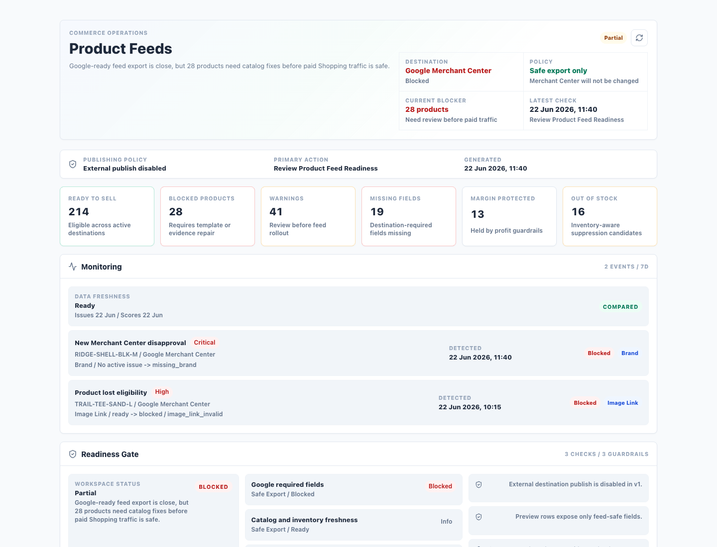 Metric Hive Product Feeds workspace showing Google Merchant Center readiness, monitoring events, blocked products, and safe export policy.